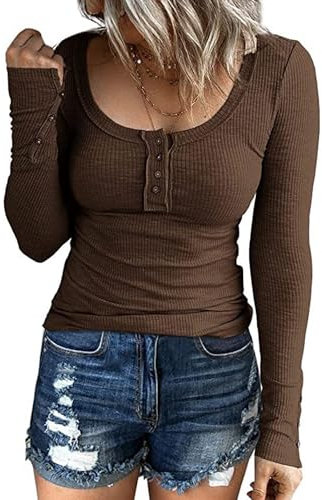Sukany Women's Henley Shirts Long Sleeve Button Down Slim Fit Tunic Tops Scoop Neck Ribbed Knit Casual T Shirts Blouses Brown XL