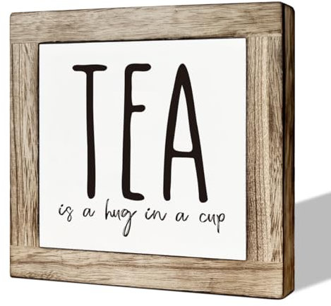 Tea Sign, Tea is A Hug in A Cup, Tea Decor Set, Wooden Box Signs for Home Decor, Rustic Wooden Table Sign, Tea Bar Decor, Tea Station Wood Decor, Farmhouse Kitchen Decor for Shelf, Tea Lover Gift