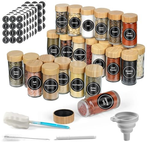 FRIBERG 24 tarros redondos de botes especias cristal Con tapa de madera, 100 ml, especias para cocinar, con etiquetas, bolígrafos, cepillo de limpieza, embudo y colador