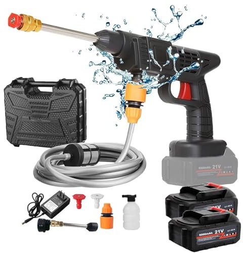 Bestyks Idropulitrice a Batteria Idropulitrice Mobile 2 * 6000mAh, 21V 26 Bar Pistola ad Acqua a Spruzzo Portatile ad Alta Pressione Senza Fili con Tubo da 5m e Accessori Pistola per Autolavaggio