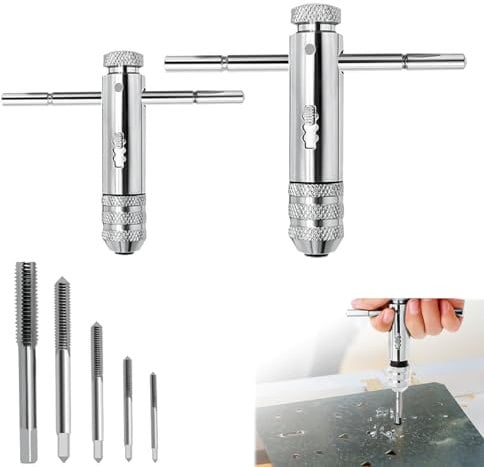 OXRXRO 2 Stück T Griff Windeisen Ratsche,T-Griff Ratsche Gewindeschneider, mit M3,M4,M5,M6,M8 Hand Gewindeschneider Set,T-förmigen Schraubenschlüssel Kit für Metrische Gewindebohrer M3-M8/M5-M12