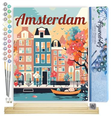 Figured'Art Peinture par Numéro Adulte avec Cadre Affiche de voyage Amsterdam en fleurs - Activité Manuelle Kit de Loisir Créatif DIY Numéro d'Art Complet - 40x50cm avec châssis en bois à monter