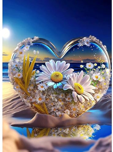 HEIBAGO 5D Strand Diamant Painting Kits für Erwachsene Anfänger, Herz Full Drill Diamond Art Blume Diamant Malerei Bilder für Wanddekor 30x40cm