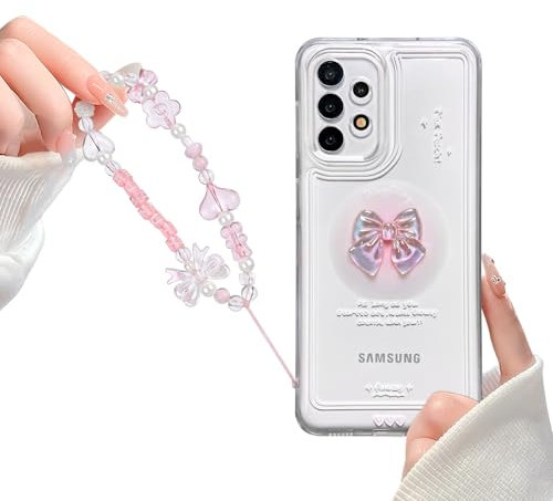 Reownest Handyhülle Kompatibel mit Samsung Galaxy A53 Hülle Schleife Transparent Aesthetic Süßes Design Frauen Mädchen Schutzhülle + Glitter Bow Crystal Kette