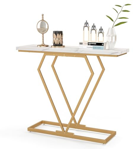 LIFEZEAL Konsolentisch Marmor, Eingangstisch mit Metallrahmen in Diamantform, Flurtisch für Eingangsbereich, Wohnzimmer, golden, 100 x 29,5 x 80 cm