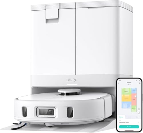 eufy X10 Pro Omni Robot aspirateur et serpillère, aspiration 8 000 Pa, double balai avec levage automatique de 12 mm et détection de tapis, évitement des obstacles AI, lavage automatique, séchage