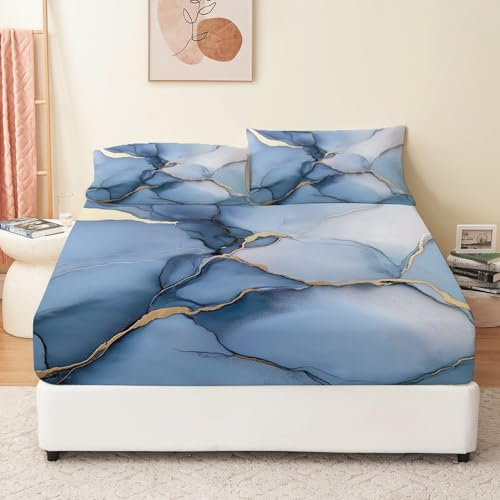 Blau Spannbettlaken 90 x 190 cm Kinder Mädchen Tinte Zeigt Marmormuster Muster Bettlaken Boxspringbett Topper Mikrofaser Kindermotiv Spannbetttuch für Matratze bis 30 cm Hohe