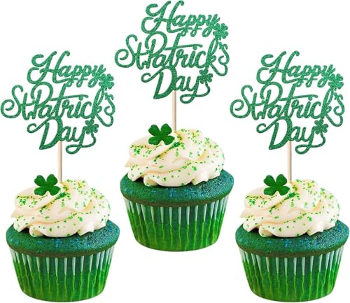 24 Stück Happy St Patrick's Day Cupcake Toppers Grüne Glitter Vier Blätter Klee Tortendeko Irische Flagge Kuchen Deko für St.Patrick's Day Thema Kinder Geburtstag Party Cupcake Dekoration Grün
