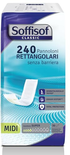 Soffisof Classic Rechteckige Windel ohne Barriere für Erwachsene - 240x Inkontinenz Windeln - 8 Packungen mit 30 Windeln, 4 Tropfen - Einwegwindeln