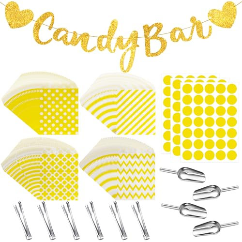 YeahBoom 114 Stück Candy Bar Zubehör Set,Enthält 100 Stück Candy Bar Tüten 3 Sticker 6 Zuckerzange 4 Schaufeln und 1 Candy Bar Deko Girlande,Candy Bar Deko Set für Candy Bar Hochzeit Geburtstage Party