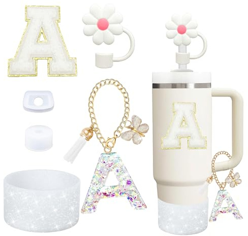 Liangang 6PCS Cup Accessories Set for Stanley Cup 30oz 40oz Tumbler with Handle, Including Silicone Straw Topper Cover Cap and Boot, Spill Proof Stopper, Handle Charm, Initials Sticker(White A)