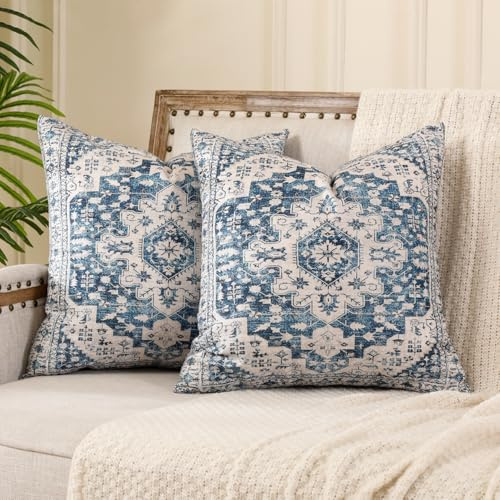 Miuyunya 2 Stück Boho Kissenbezüge Orientalisch 50x50 cm Bohemian Kissenbezug Blumen Blau Square Kissenhülle Ethno Vintage Teppichmuster Kissen Doppelseitig Dekorative für Garten Sofa Wohnzimmer