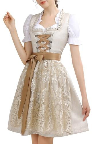Dirndl Damen Midi Dirndlkleid Trachtenkleid Lang Trachtenrock 3 Teilig | Dirndl Damen Oktoberfest Outfit Dresses Trachten Dirndelkleider Komplett Set mit 3 Teilig Dirndl Bluse Dirndlkleid Schürze
