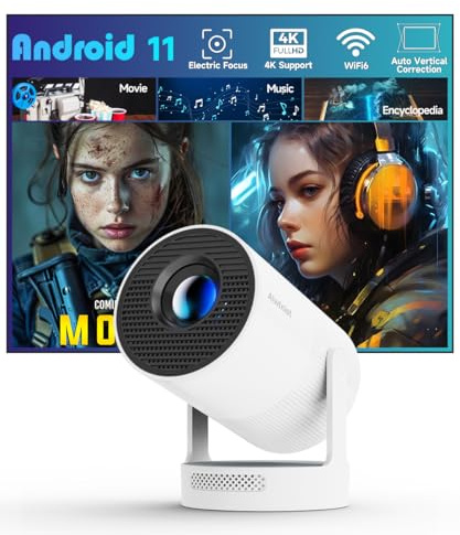【Enfoque eléctrico】Mini Proyector Alwtniet compatible con 4K, proyector portátil con WiFi 6 y Bluetooth 5.4, projector inteligente, altavoz de base de sonido de 5W, rotación de 180° para cine en casa