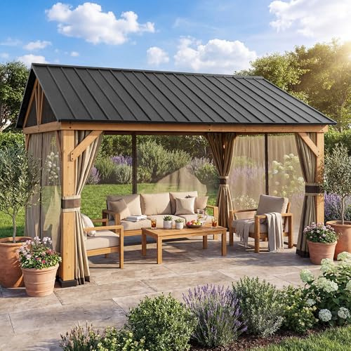 SUNJOY 4x3,36m Holzpavillon aus Zedernholz wasserdicht, wind & schneefest, mit Satteldach aus Stahl, 14 cm starken Pfosten, inkl. Vorhängen & Moskitonetzen, robuster Pavillon für Terrasse, Garten&Auto