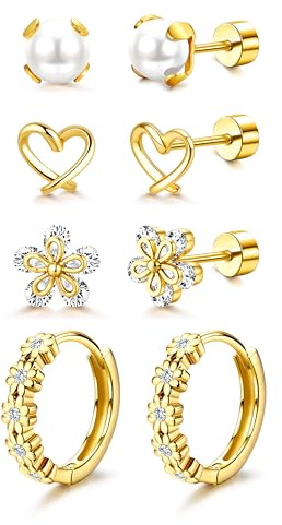Roheafer 4 Paar Ohrringe Mädchen Damen Medizinische Ohrstecker | Hypoallergene Chirurgenstahl Flatback Ohrstecker 14K Vergoldete Ohrringe Creolen Klein Bunt Herz Blume Huggie Ohrring Set
