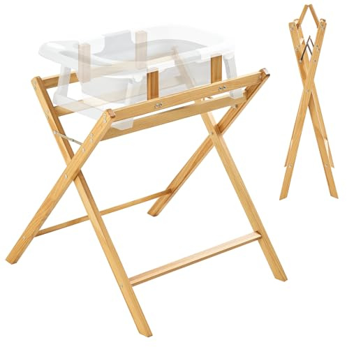 FUNLIO Support de baignoire en bois pour bébé, support de baignoire pliable pour bébés de 0 à 24 mois, sûr et robuste avec un système de soutien à 8 points, capacité de 50 kg
