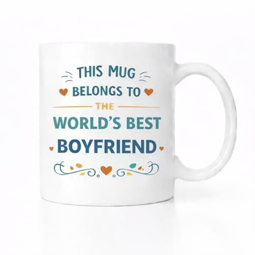 Brew Crew Gifts World's Best Boyfriend Mug, Ceramic Coffee Cup, White, Dishwasher and Microwave Safe, Gift for Birthday, Anniversary, Valentine's Day, Christmas