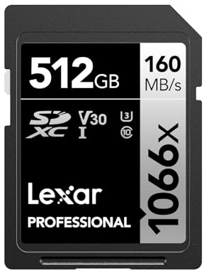 Lexar Carte mémoire SD SDXC UHS-I Professionnelle 1066x 512 Go, avec Une Vitesse de Lecture allant jusqu'à 160 Mo/s, V30/U3/C10 pour appareils Photo Reflex numériques et caméscopes HD