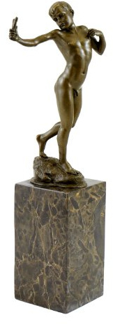 Kunst & Ambiente - Kleine Akt Bronzefigur - Junge mit Steinschleuder - signiert Milo - Statuen kaufen - 100% Bronze - Erotik Akt