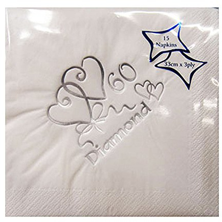 60th Anniversary Diamond Foil Printed Napkins (Pack Of 15) (One Size) (White)