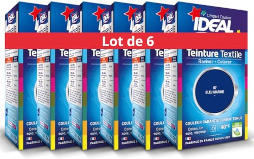 IDEAL - Teinture Tissus Liquide Mini 07 Bleu Marine - 40 ml + 1 Dose de Fixateur 50 g - Teinture Textile Longue Tenue - Coton, Lin, Soie, Viscose - Efficace dès 40°C - Fabrication Française - Lot de 6