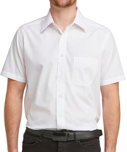 Double TWO Men's Short Sleeve Dress Shirt Easy Care Classic Fit Formal Plain Business Shirt - White, 17.5 Collar