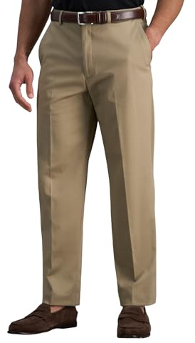Haggar mens Premium No Iron Khaki Classic Fit Expandable Waist Flat Front Pant, British Khaki, 42x30