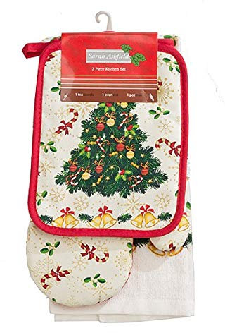 Ethel May 3 Pack Christmas Festive Xmas Tea Towel Set includes Tea Towel Oven mitt Gloves and Pot Mat Santa, Snowman, christmas tree and baubles (Christmas tree)