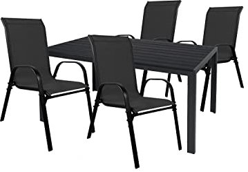 Mojawo Hochwertige Gartengarnitur 5-teilig Gartentisch 150x90cm Anthrazit WPC Grau + 4 Stapelstühle Textilen Schwarz Gartenmöbel
