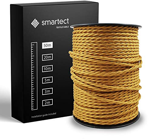 smartect Cavo Elettrico Tessile intrecciato Oro, 50 Metri Filo Elettrico Vintage, Tripolare (3 x 0.75mm²) Cavo Elettrico Rivestito in Tessuto per Fai da Te