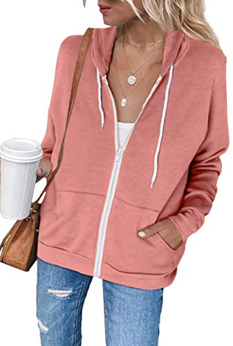 Uusollecy Sweat Zippé Femme avec Capuche, Veste Manches Longues Décontracté Couleur Unie avec Poches, Fermeture Éclair, Rose, M