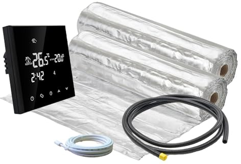 ew direkt Komplett-Set elektrische Fußbodenheizung AluPro 140 für Laminat/Klickvinyl mit Thermostat RT-50 schwarz (1-20m²) (19 m² - 0,5 x 38 m)