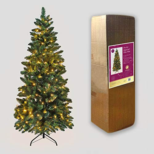 SHATCHI 8Ft/2.4m Pre-Lit Green Christmas Slim Pine Narrow Xmas Tree, Pointed Tips, Metal Stand, Warm White LED Lights, Holiday Home Decorations, 240 cm