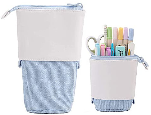 JZF Upright Pencil Case, Telescopic Pencil Holder, Stationery Pencil Bag, PU Corduroy Stand-up Pen Pouch Holder, Colorful Pen Organizer for Students Boys and Girls (Light Blue)