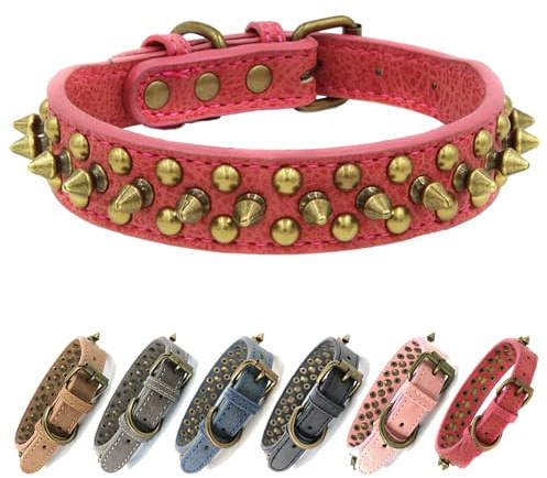 Hundehalsband mit Nieten, PU-Leder, runde Nieten, Anti-Bisshalsband, verstellbar, robust, Punk-Stil, für kleine, mittelgroße und große Hunde