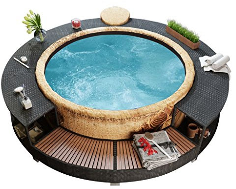 Ksodgun Ribete redondo de ratán para piscina con escalones de madera para spa de jacuzzi, color negro