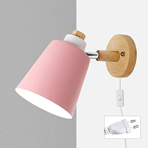 Wandstrahler Mit Kabel Für Steckdose Wandlampe E27 Holz Wandleuchte Mit Schalter LED Deko Wandbeleuchtung Für Schlafzimmer Treppenhaus Hotel Loft -Rosa