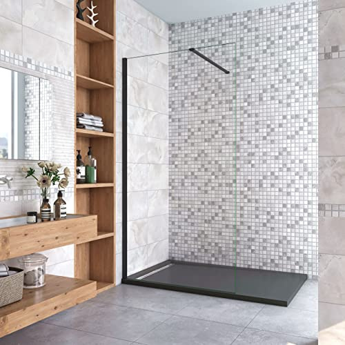 Parete Fissa Doccia Walk In 100x200cm in Vetro 8 mm Temperato Trasparente Anticalcare Con Barra Stabilizzatrice da 90 cm Tagliabile Profilo Nero Opaco