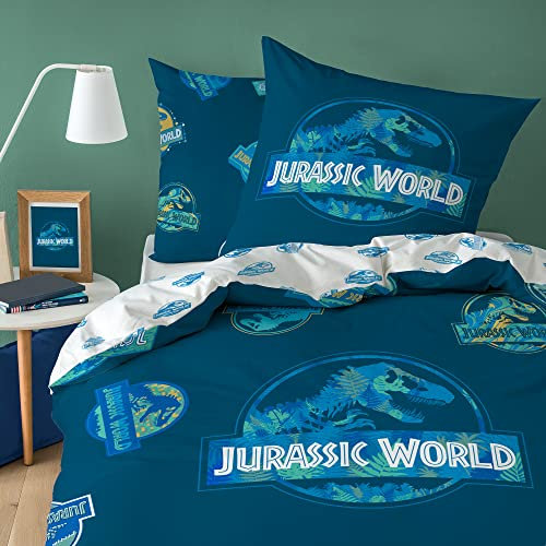 Jurassic World Badges Parure de Lit Enfant 1 Personne | 100% Coton | Oeko-TEX | Housse de Couette 140x200 cm + 1 Taie d'oreiller 63x63 cm | Imprimé Réversible Garçon| Bleu