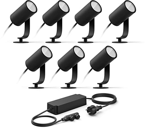 Philips Hue Lily Basis set mit 7 Gartenstrahler (Anthrazit) - Weißes und Farbiges Licht - inkl. 1 Stromkabel - Gartenbeleuchtung - Hue White and Color Ambiance