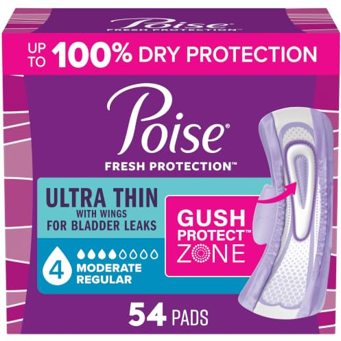 Poise Ultra Thin Incontinence & Postpartum Pads with Wings for Bladder Leaks, 4 Drop Moderate Absorbency, Regular Length, 54 Count, Packaging May Vary