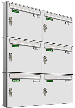 AL Briefkastensysteme Basic 6er Briefkasten RAL 9016 Verkehrs Weiss 6 Fach DIN A4 wetterfest Briefkastenanlage mit Posthaltebügel und 2 Namensschildern