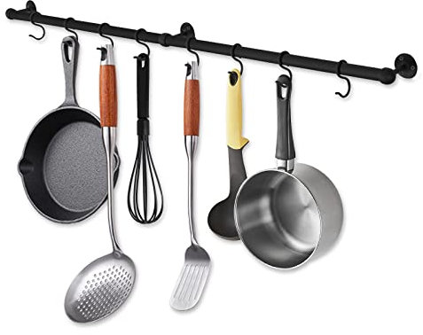 ROTHLEY Hängeregal für Töpfe: Topf- und Pfannenaufhänger aus Edelstahl, Wandmontage, zum Aufhängen von Töpfen und Pfannen, Topfaufhänger für Küchenutensilienleiste mit Haken, Mattschwarz
