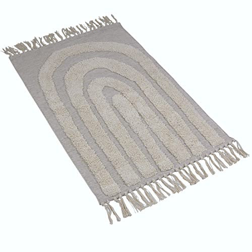 Teppich Badteppich Läufer in beige 60 x 90 cm mit Fransen Skandi Nordic Landhaus