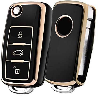 OATSBASF Autoschlüssel Hülle VW, VW Golf Schlüsselbox,Schlüsselhülle Cover für vw Polo Passat Skoda Seat 3-Tasten (Goldener Rand-Schwarz)