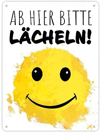 Grinsendes Emoticon Ab hier bitte lächeln Metallschild XL in 21x28 cm lustiges Blechschild mit Gesicht und witzigem Spruch als Deko für das Büro um Freude zu verbreiten