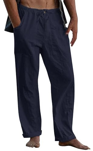 LVCBL Pantalon en Lin pour Homme - Pantalon D'Été Décontracté en Lin avec Poches - Taille Élastique, Marine, M