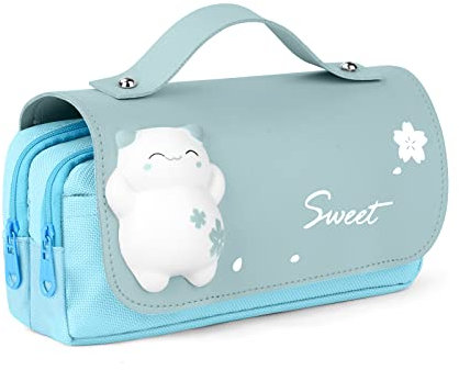 Vicloon Large Pencil Case, Big Capacity Pencil Pen Bag Multi Compartments Office Stationery Makeup Bag Stress Release Pencil Case School Students Girls Boys Teen Storage Organizer Gifts Blue