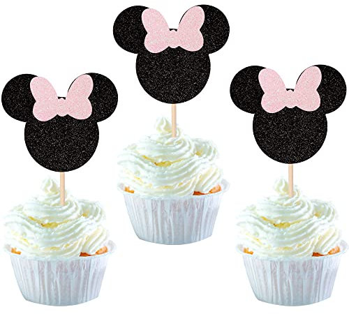 24 Stück Mini Maus Inspiriert Geburtstag Tortendeko Happy Birthday Cake Topper Mit Schleife Kuchendekoration für Party Kuchendeko Schwarz und Rosa